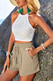 Ghassy Co. Kadın Bambu Keten İç Göstermez Cepli Beli Bağcıklı Tatil Günlük Şort