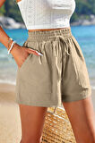 Ghassy Co. Kadın Bambu Keten İç Göstermez Cepli Beli Bağcıklı Tatil Günlük Şort