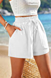 Ghassy Co. Kadın Bambu Keten İç Göstermez Cepli Beli Bağcıklı Tatil Günlük Şort
