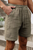 Ghassy Co. Erkek %100 Pamuk Muslin Keten Rahat Günlük Cepli Bağcıklı Tatil Şort