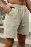 Ghassy Co. Erkek %100 Pamuk Muslin Keten Rahat Günlük Cepli Bağcıklı Tatil Şort