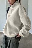 Ghassy Co. Kadın Ultra Isı Peluş Sherpa Oversize Yarım Metal Fermuar Lastik Ayarlı Polar Sweatshirt
