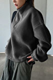 Ghassy Co. Kadın Ultra Isı Peluş Sherpa Oversize Yarım Metal Fermuar Lastik Ayarlı Polar Sweatshirt