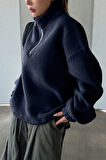 Ghassy Co. Kadın Ultra Isı Peluş Sherpa Oversize Yarım Metal Fermuar Lastik Ayarlı Polar Sweatshirt