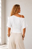 Ghassy Co. Kadın Düşük Omuz Pamuklu Likralı Yarasa Kol Bluz Günlük Modern Tasarım Spor T-Shirt 