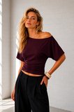 Ghassy Co. Kadın Düşük Omuz Pamuklu Likralı Yarasa Kol Bluz Günlük Modern Tasarım Spor T-Shirt 