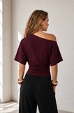 Ghassy Co. Kadın Düşük Omuz Pamuklu Likralı Yarasa Kol Bluz Günlük Modern Tasarım Spor T-Shirt 