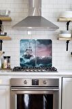 2' li 30x52 cm Fırtınalı Deniz Desenli Cam Ocak Arkası Koruyucusu
