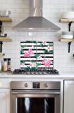 2' li 30x52 cm Flamingo & Çiçekler Desenli Cam Ocak Arkası Koruyucusu