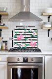 2' li 30x52 cm Flamingo & Çiçekler Desenli Cam Ocak Arkası Koruyucusu
