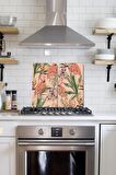 2' li 30x52 cm Flamingo & Orman Bitkileri Desenli Cam Ocak Arkası Koruyucusu