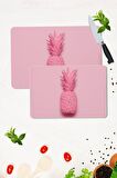 2' li Takım 30x40 cm ve 20x30 cm Pembe Ananas Desenli Cam Kesim Tablası ve Ocak Koruma