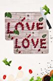 2' li Takım 30x40 cm ve 20x30 cm Love Kiraz Desenli Cam Kesim Tablası ve Ocak Koruma