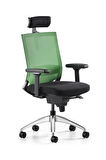 Bürotime Cozy Başlıklı Çalışma Koltuğu - 3D Kol - Alüminyum Ayak  - Yeşil/Siyah