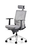 Bürotime Cozy Başlıklı Çalışma Koltuğu - Sabit T Kol - Alüminyum Ayak - Gri/Antrasit