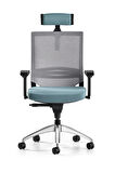 Bürotime Cozy Başlıklı Çalışma Koltuğu - 3D Kol - Alüminyum Ayak - Gri/Mint Yeşili