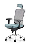 Bürotime Cozy Başlıklı Çalışma Koltuğu - 3D Kol - Alüminyum Ayak - Gri/Mint Yeşili