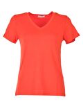Daıdo V Yaka Basic Kısa Kollu Nar Çiçeği Kadın T-Shirt 19Y291900970