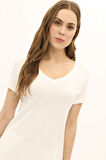 Daido Kadın V Yaka Kısa Kollu Pamuklu Basic T-Shirt 5982 Ekru