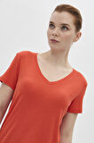 Daido Kadın V Yaka Kısa Kollu Pamuklu Basic T-Shirt 5982 Nar Çiçeği