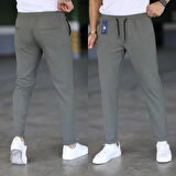 Erkek Haki Slim Fit Rahat Kesim Beli Bağlamalı Yan Cepli Likralı Jogger Pantolon