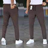 Erkek Kahverengi Slim Fit Rahat Kesim Beli Bağlamalı Yan Cepli Likralı Jogger Pantolon