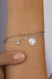 Gümüş Pazarım Kalp Figürlü Çift Zincirli Kadın Gümüş Charm Bileklik