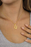 Gümüş Pazarım Altın Kaplama U Harfli Kadın 925 Ayar Gümüş Kolye