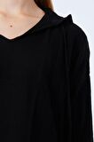 Fashion Friends Kapüşon Yaka Oversized Düz Siyah Kazak Kadın 22K0267K1