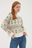 Fashion Friends Kadın Desenli Crop Kazak 23K-KZK0140K1 Ekru