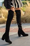 Jessica Siyah Streç Yuvarlak Burunlu (6cm) Kalın Topuklu  Diz Üstü  Çizme