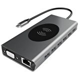 Daytona B15W Macbook Uyumlu Type-C To 3xUSB 3.0 4xUSB 2.0 Gigabit Ethernet HDMI 4K UHD VGA SD Micro SD Kart Okuyucu Aux PD Kablosuz Şarj Özellikli 15