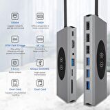 Daytona B15W Macbook Uyumlu Type-C To 3xUSB 3.0 4xUSB 2.0 Gigabit Ethernet HDMI 4K UHD VGA SD Micro SD Kart Okuyucu Aux PD Kablosuz Şarj Özellikli 15