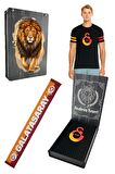 Galatasaray Orijinal Logo Baskılı Siyah T-Shirt + Gs Atkı Hediyelik Set Özel Tasarım Ahşap Kutulu