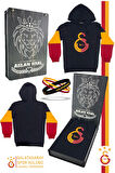 Galatasaray Orijinal Lisanslı Logo Siyah Kapüşonlu Sweat Bileklik Set Hediyelik Ahşap Kutulu