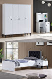 White Genç Odası - 4 Kapaklı Dolap, Karyola, Komodin, Masa