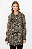Ekol Kadın Büyük Beden Leopar Desenli Şifon Bluz 2529 Camel