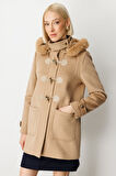 Ekol Kadın Yakası Kürklü Kapüşonlu Kaban 6015 Camel