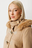 Ekol Kadın Yakası Kürklü Kapüşonlu Kaban 6015 Camel