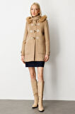 Ekol Kadın Yakası Kürklü Kapüşonlu Kaban 6015 Camel