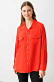 Ekol Kadın Büyük Beden Kapak Cepli Düğmeli Gömlek 3526 Mercan