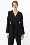 Ekol Kadın Beli Kuşaklı Çift Düğme Ceket 4232 Siyah