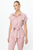 Ekol Kadın Beli Kuşaklı Kısa Kol Bluz 3322 Pudra