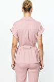 Ekol Kadın Beli Kuşaklı Kısa Kol Bluz 3322 Pudra