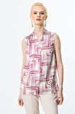 Ekol Kadın V Yaka Desenli Kolsuz Bluz 3132 Fuşya
