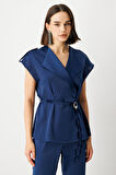 Ekol Kadın Kruvaze Yaka İp Kemerli Yelek 4264 Lacivert