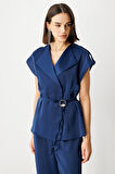Ekol Kadın Kruvaze Yaka İp Kemerli Yelek 4264 Lacivert