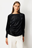 Ekol Kadın Büzgülü Kadife Bluz 3001 Siyah