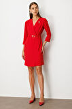 Ekol Kadın Yakası Broşlu Beli Kuşaklı Midi Elbise 4013 Kırmızı