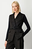 Ekol Kadın Beli Kemerli Kapak Cepli Yelek 5065 Siyah